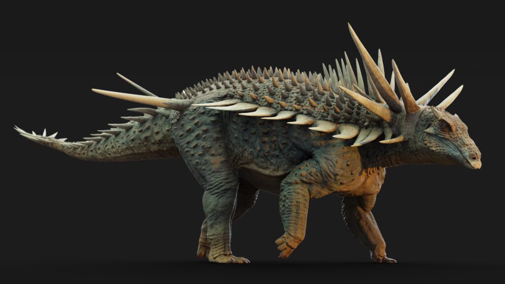Image of a long, squat dinosaur with a back completely covered in sharp spikes, and extremely long spines at the neck and hips.