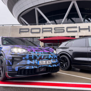 Porsche Cayenne Electrics in the pit lane at the Porsche Experience Center in Leipzig