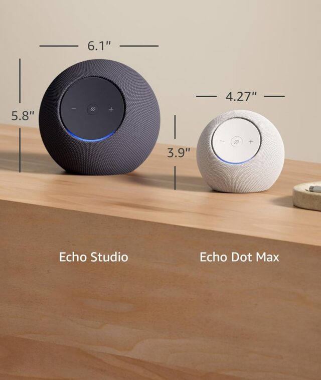 The new Echo Studio (left) and Echo Dot Max (right) smart speakers.