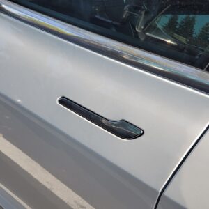 Close-up of flush-mounted, retracting door handle on Tesla automobile