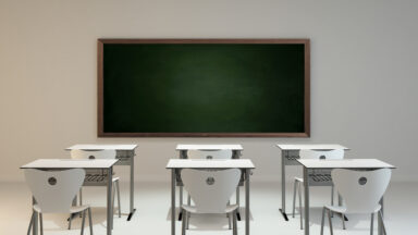 empty modern classroom concept with white wooden desk, chair and green board background 3D rendering
