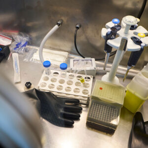 Image of an enclosed metal workspace littered with lab equipment, including tubes, pipettes, and rubber gloves.
