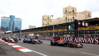 BAKU, AZERBAIJAN - SEPTEMBER 21: Max Verstappen of the Netherlands driving the (1) Oracle Red Bull Racing RB21 leads Carlos Sainz of Spain driving the (55) Williams FW47 Mercedes and Liam Lawson of New Zealand driving the (30) Visa Cash App Racing Bulls VCARB 02 at the race start during the F1 Grand Prix of Azerbaijan at Baku City Circuit on September 21, 2025 in Baku, Azerbaijan.