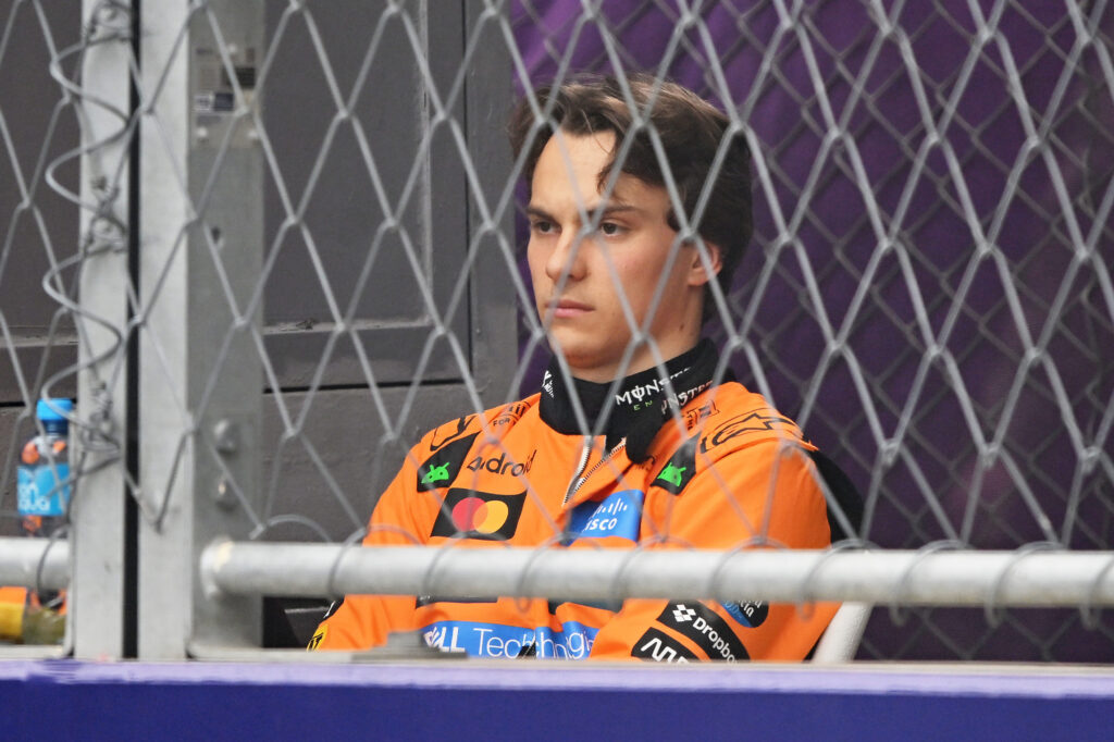 BAKU, AZERBAIJAN - SEPTEMBER 21: Oscar Piastri of Australia and McLaren looks on after crashing out during the F1 Grand Prix of Azerbaijan at Baku City Circuit on September 21, 2025 in Baku, Azerbaijan.