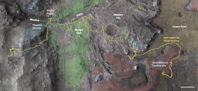 Harta mineralogică a suprafeței marțiane explorate de Perseverance Rover.