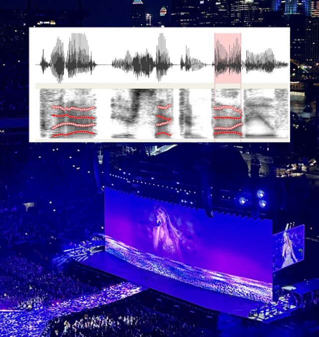 Taylor Swift performing during her Eras tour with vocal frequency analysis overlaid