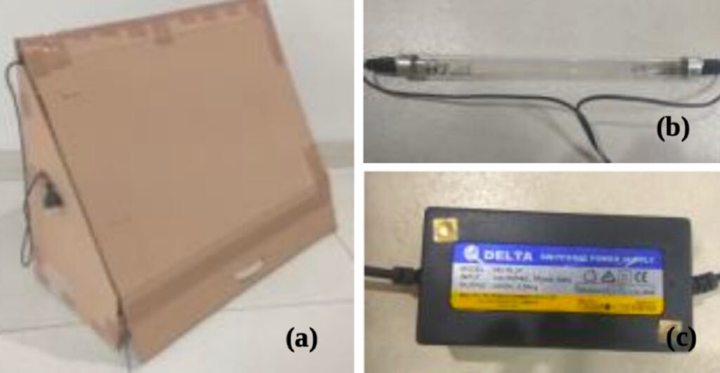 Experimental set-up (a) cardboard enclosure (b) UV-C tube light (c) SMPS