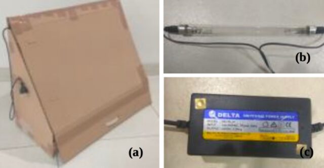 Experimental set-up (a) cardboard enclosure (b) UV-C tube light (c) SMPS
