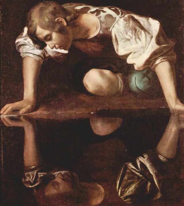 Narcissus (1597–99) by Caravaggio; the man in love with his own reflection