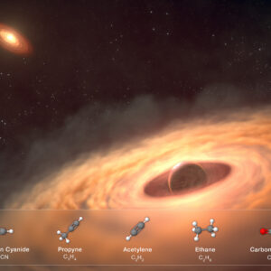 In the lower-right foreground, a disk of glowing orange material surrounds a planet. In the background, a similar disk is around a glowing star.
