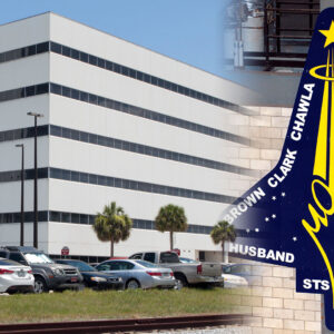 A montage image of an office building and a large mission patch sign suspended on a wall.