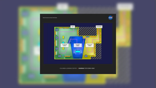a diagram showing the overhead view of a planned room with three distinct areas denoted in green, blue and yellow