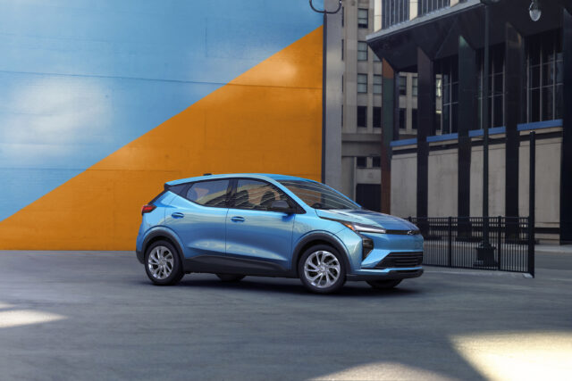 Front 3/4 of the Bolt EV LT in Marina Blue
