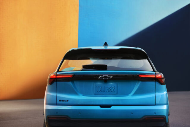 Rear view of the Bolt EV LT in Marina Blue