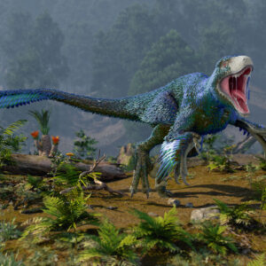 Image of a scrub-rich hillside, with a feathered dinosaur running across it.