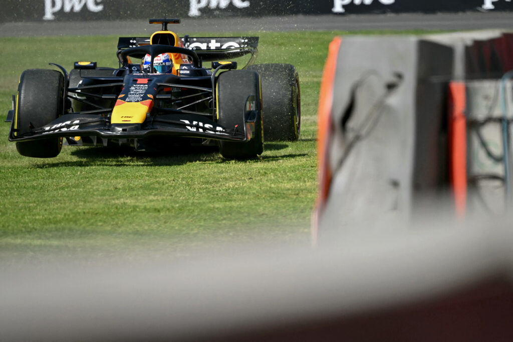 TOPSHOT - Red Bull Racing's Dutch driver Max Verstappen races off the track during the Mexico City Formula One Grand Prix at the Hermanos Rodriguez racetrack in Mexico City on October 26, 2025.