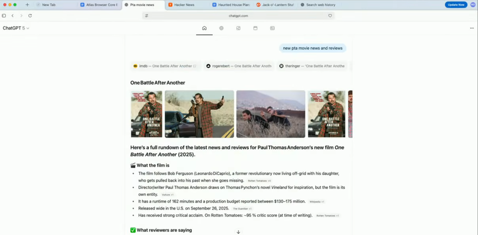 Atlas上的默认搜索体验,带有更多传统结果的标签页