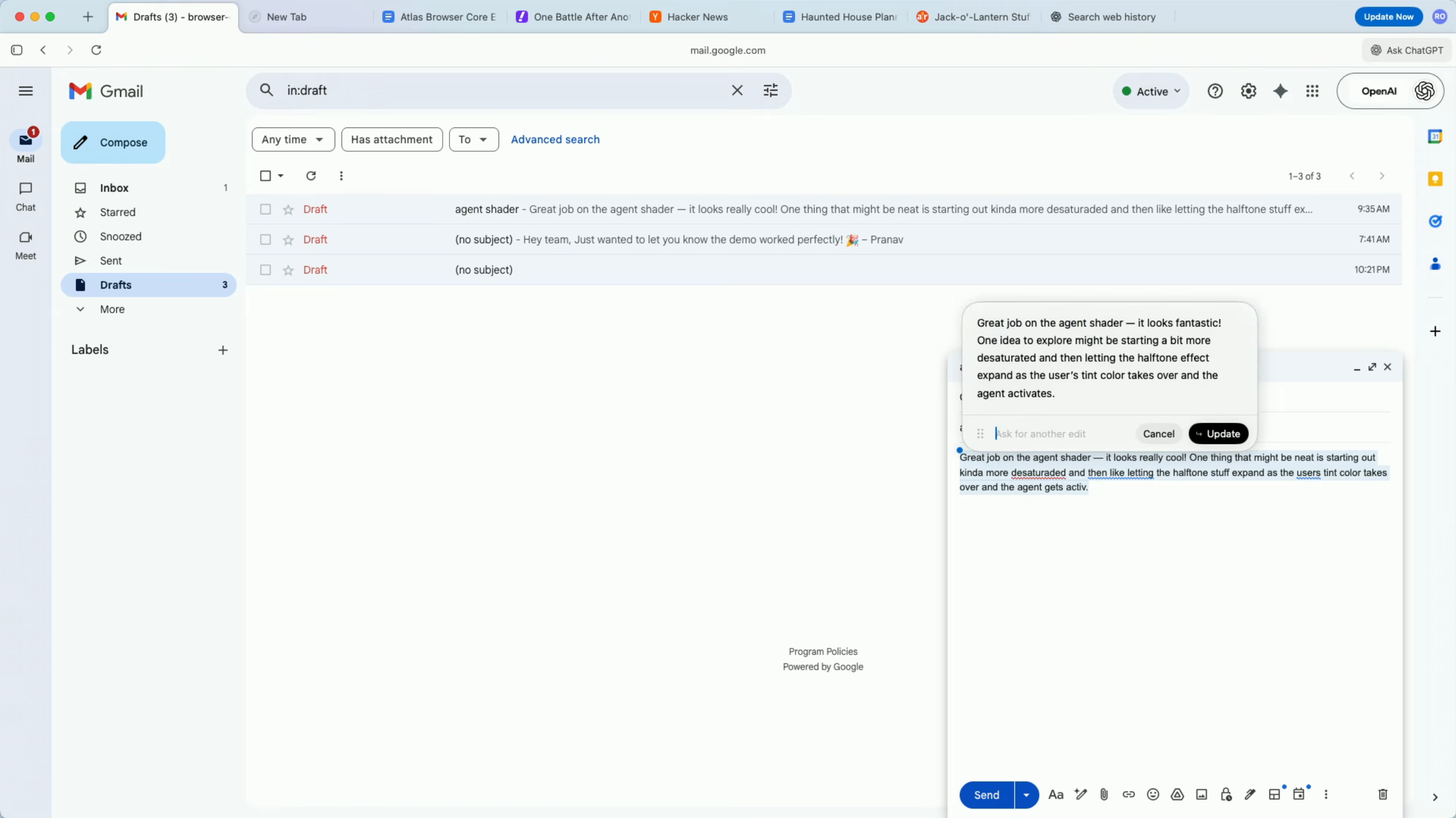 Atlas浏览器让ChatGPT直接在Gmail窗口中编辑文本