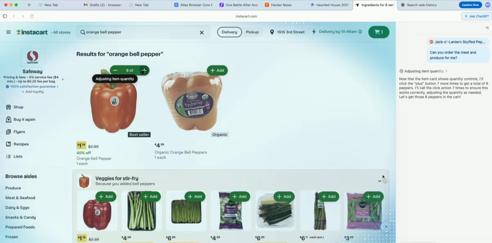 Atlas的Agent模式将食谱中的物品添加到用户的Instacart购物车