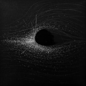 Lucas J. Rougeux, Light Particles against a Black Hole, 2021. Charcoal and acrylic on paper.