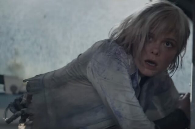 Closeup of Elle Fanning as Thia is a damaged Weyland-Yutani synth who is missing lower body