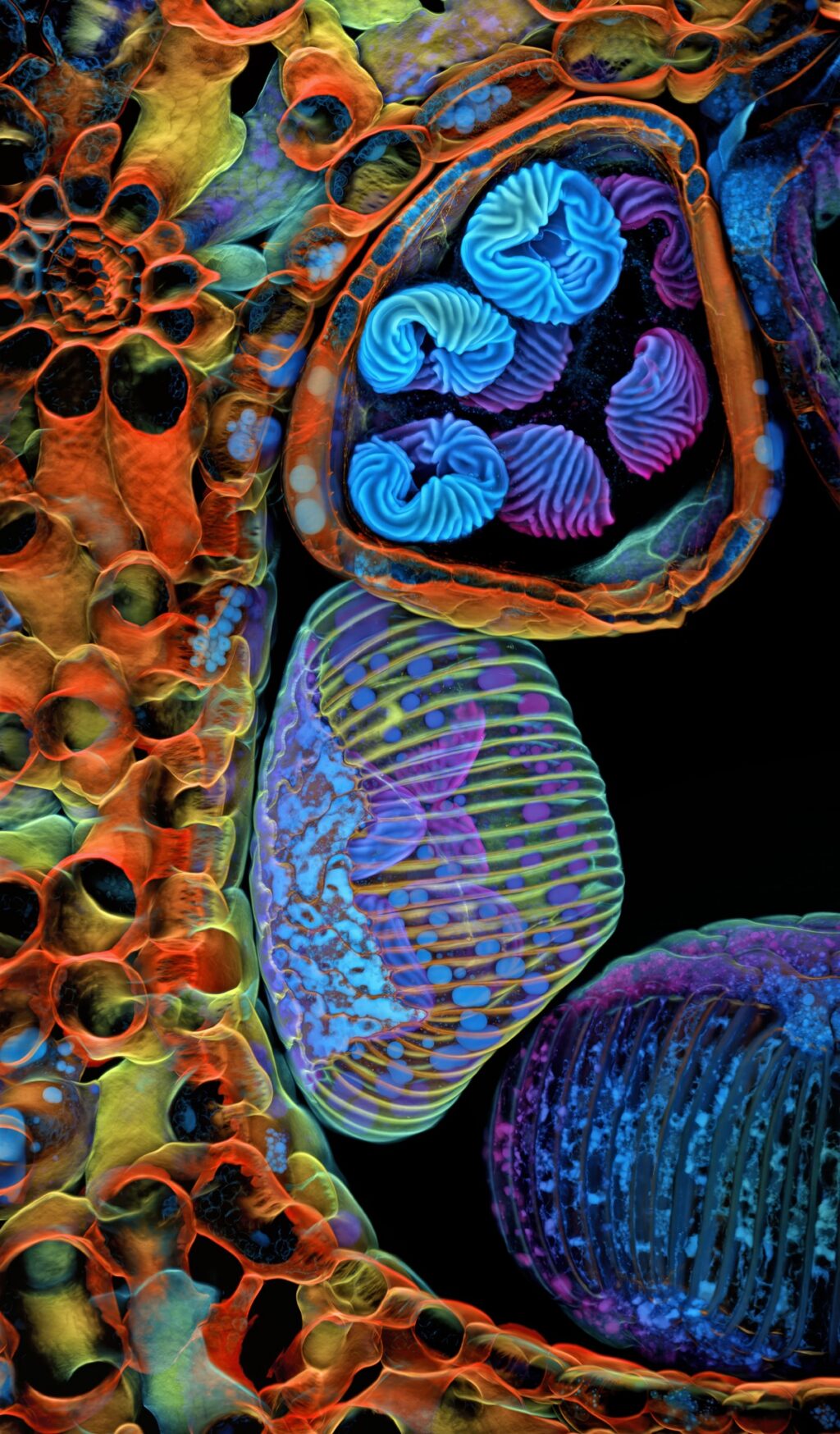 Spores (blue/purple structures) of a small tropical fern (Ceratopteris richardii