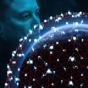 Illustration of Elon Musk in Space looking over a planet surrounded by satellites