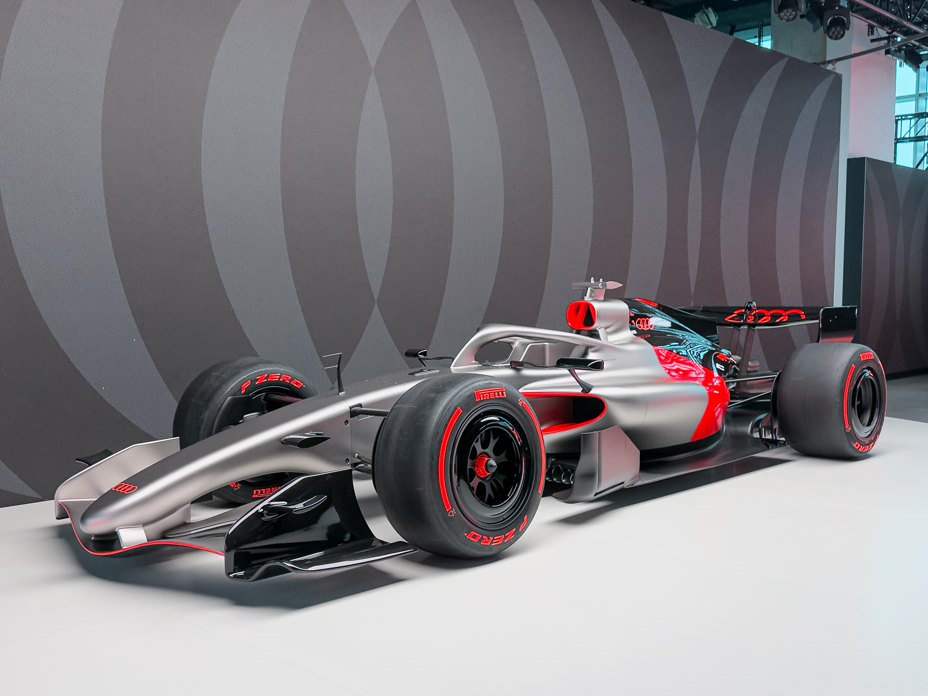 Audi's 2026 F1 livery on a show car, seen from the front 3/4s