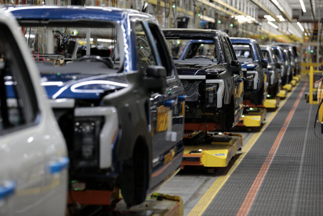 Ford Motor Company's electric F-150 Lightning on the production line at their Rouge Electric Vehicle Center in Dearborn, Michigan on September 8, 2022.
