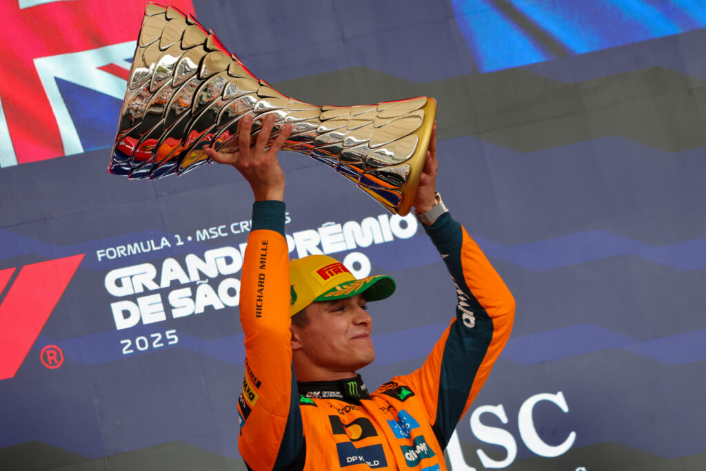 Lando Norris of the UK drives the (4) McLaren F1 Team MCL39 Mercedes during the Formula 1 MSC Cruises Grande Premio De Sao Paulo 2025 in Sao Paulo, Brazil, on November 9, 2025. (Photo by Alessio Morgese/NurPhoto via Getty Images)