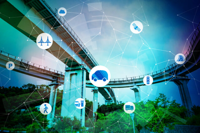 Smart mobility and communication network concept. Abstract mixed media.