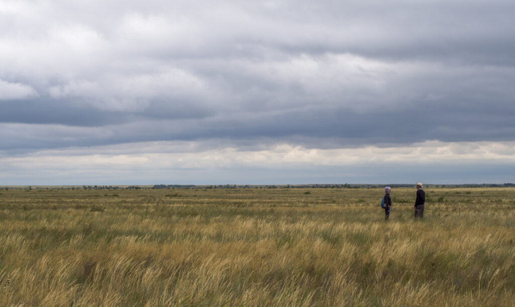 Photo of two people standing on a grassy plain under a gray sky