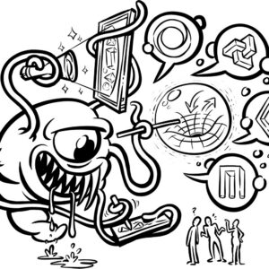 cartoon illustration of an alien blob with incomprehensible word bubbles