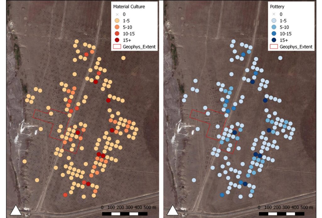 map showing the locations of artifacts on an aerial view of an archaeological site