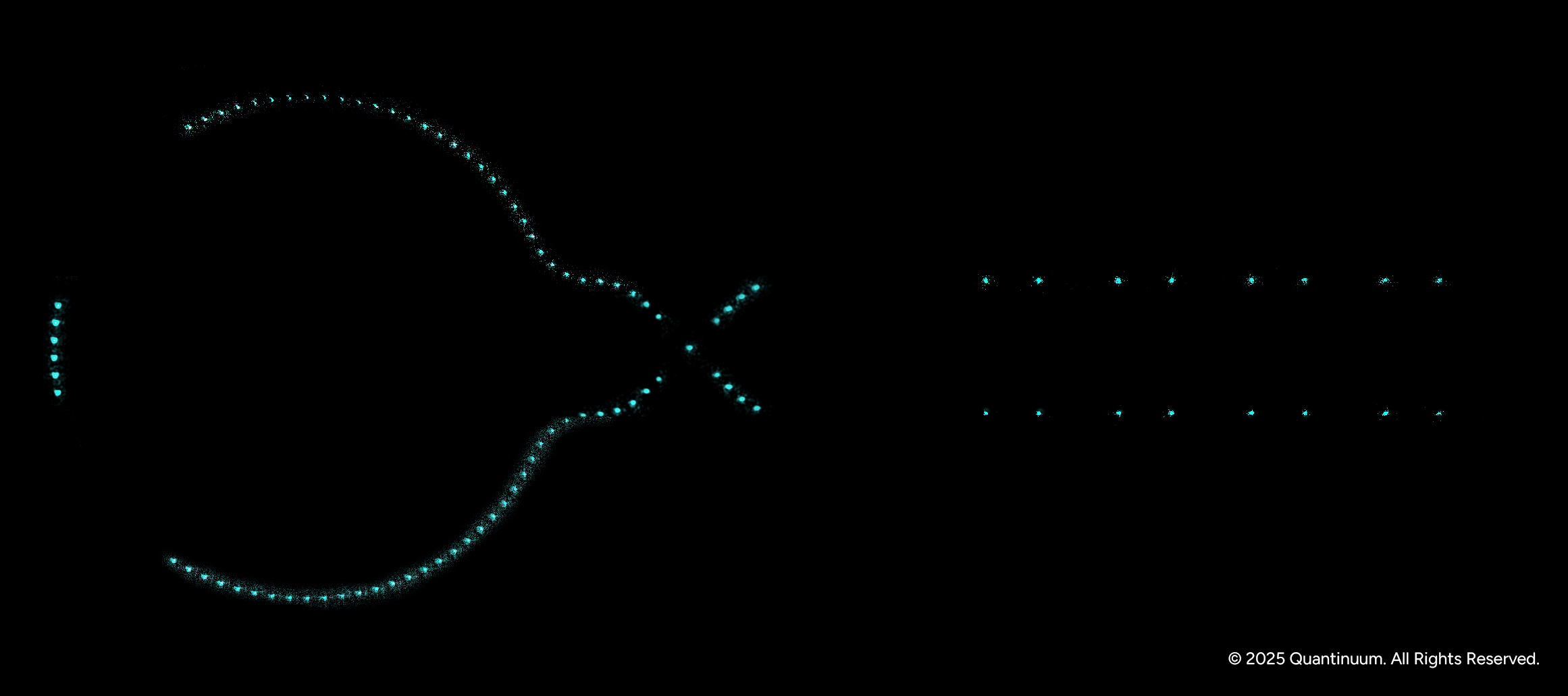 A black background on which a series of small blue dots trace out a circle and two parallel lines connected by an x-shaped junction.