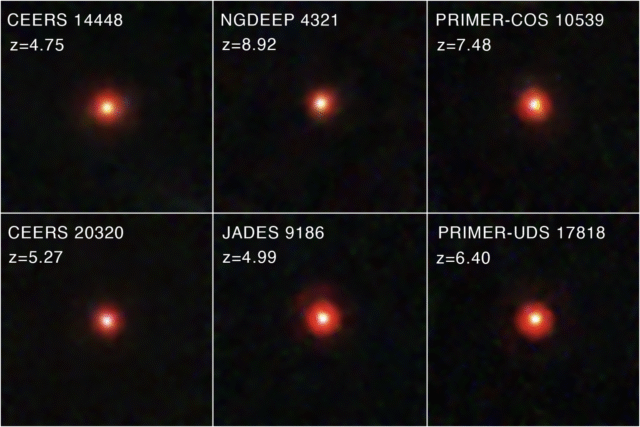 A multi-panel image, with each panel have a black background and a single, diffuse red speck in the center.