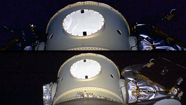 Split screen video stills of spacecraft in Earth orbit