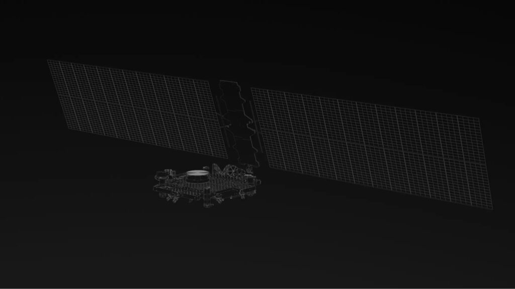 Digital rendering of a satellite in space.