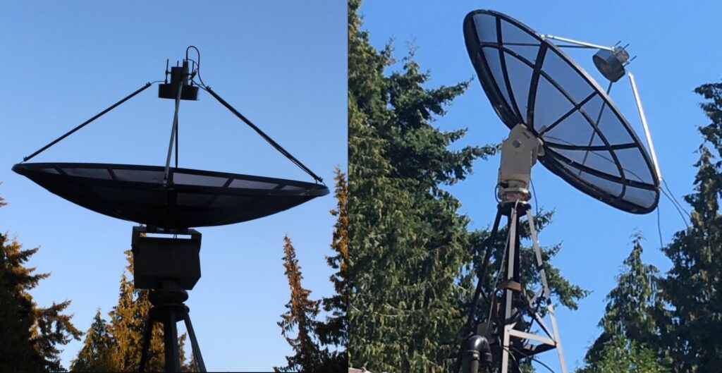 Two pictures of large antennas set up outdoors.