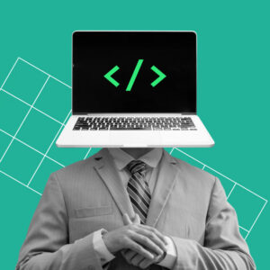 An illustration person with a laptop for a head. On the screen is a representation of programming code, angle brackets and a slash.