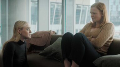 Dakota Fanning (left) and Sarah Snook (right) in a scene from the Peacock original series All Her Fault.