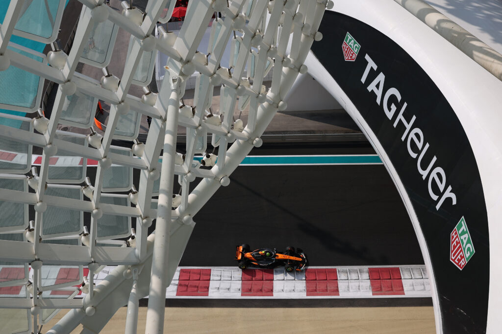Lando Norris of McLaren during the first practice ahead of the Formula 1 Abu Dhabi Grand Prix at Yas Marina Circuit in Abu Dhabi, United Arab Emirates on December 5, 2025. (Photo by Jakub Porzycki/NurPhoto via Getty Images)