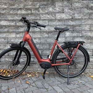 A dark orange bike sits in front of a grey stone backdrop. It has a U-shaped frame and a rear rack.