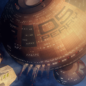 A starship approaches a space station