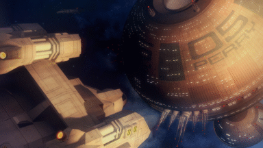 A starship approaches a space station