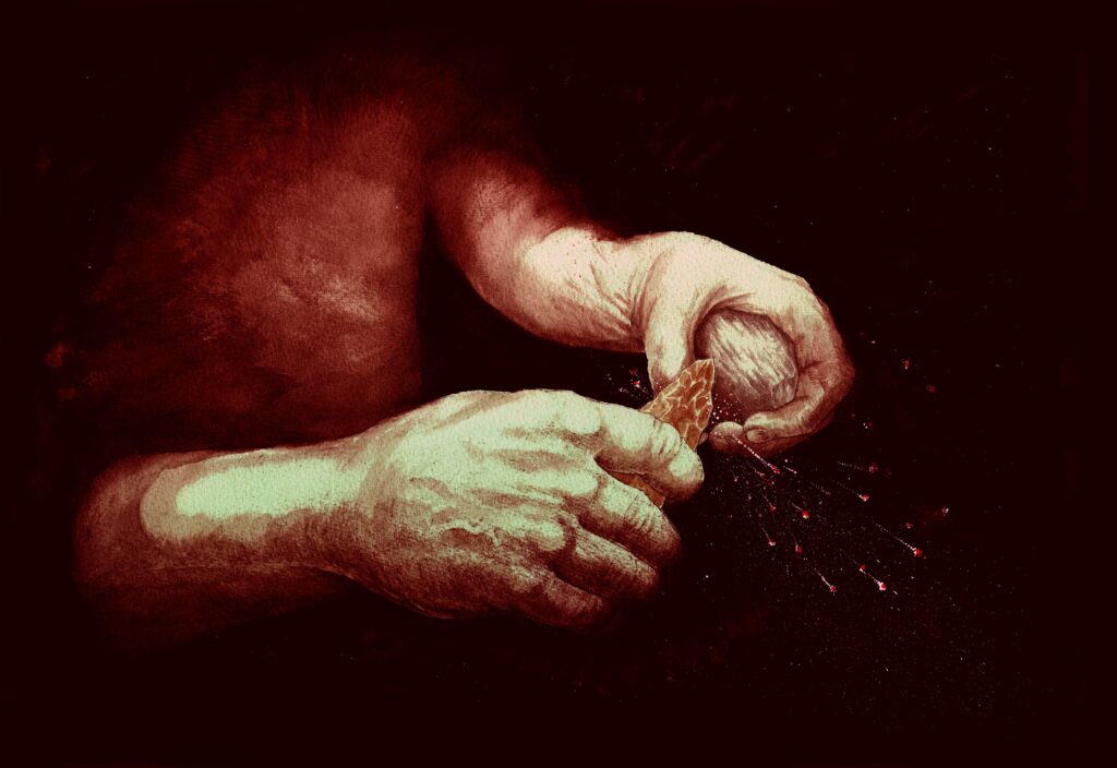 an artist’s impression of a person’s hands holding a piece of flint and a piece of pyrite, striking them together to make sparks