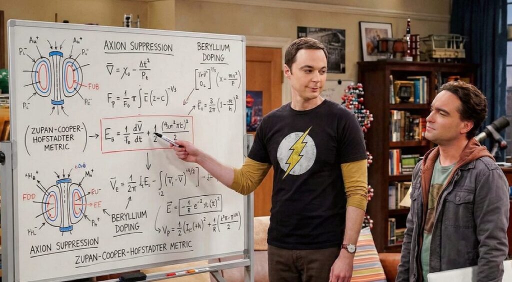 Sheldon and Leonard, two nerdy physicists, standing in front of a white board filled with equations and diagrams