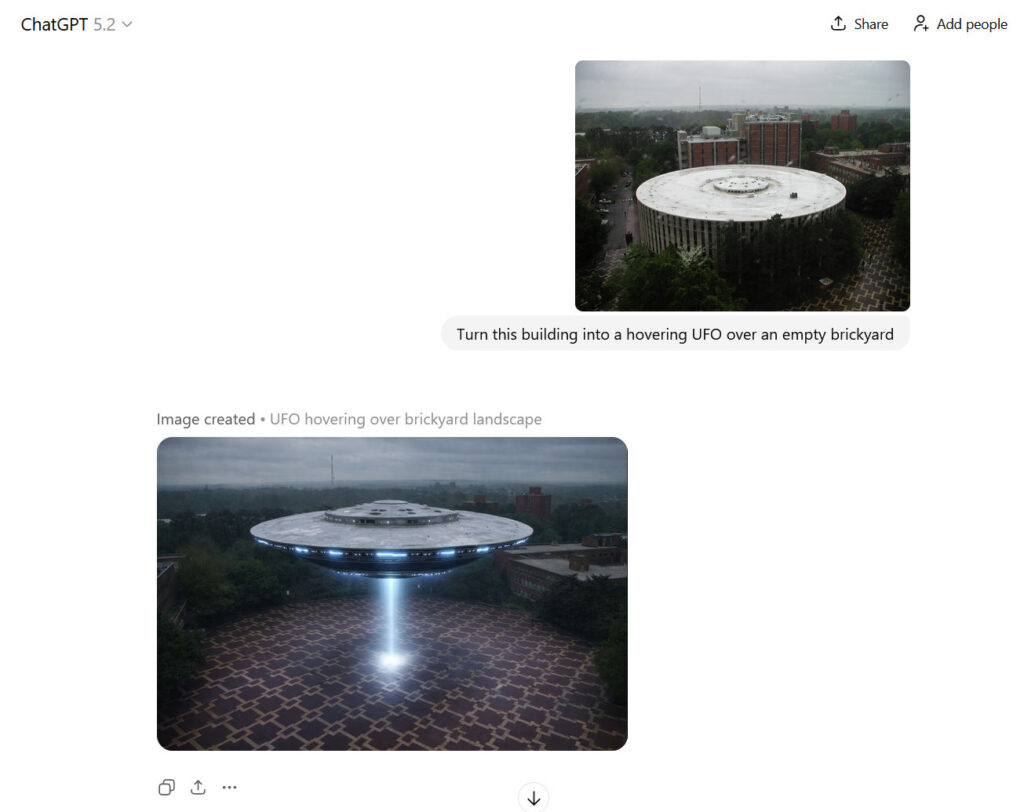 Captura de pantalla de la interfaz de ChatGPT mostrando una imagen original de un edificio circular y su transformación en una nave extraterrestre flotando sobre un patio de ladrillo, con un rayo de luz azul proyectado hacia el suelo.