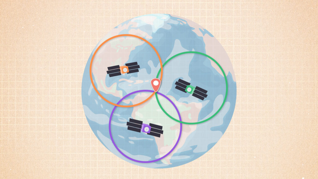 Image of the globe centered on the Caribbean. Three satellites are superimposed on it, each of them with a colored circle around it. A pin highlights the point where the three circles intersect.