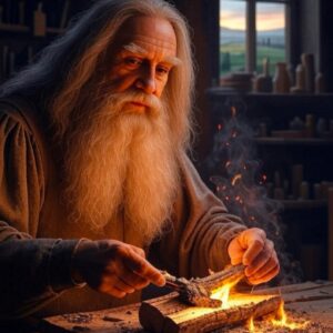 illustration of old man with long white hair and beard conducting a tabletop experiment with wood and fire